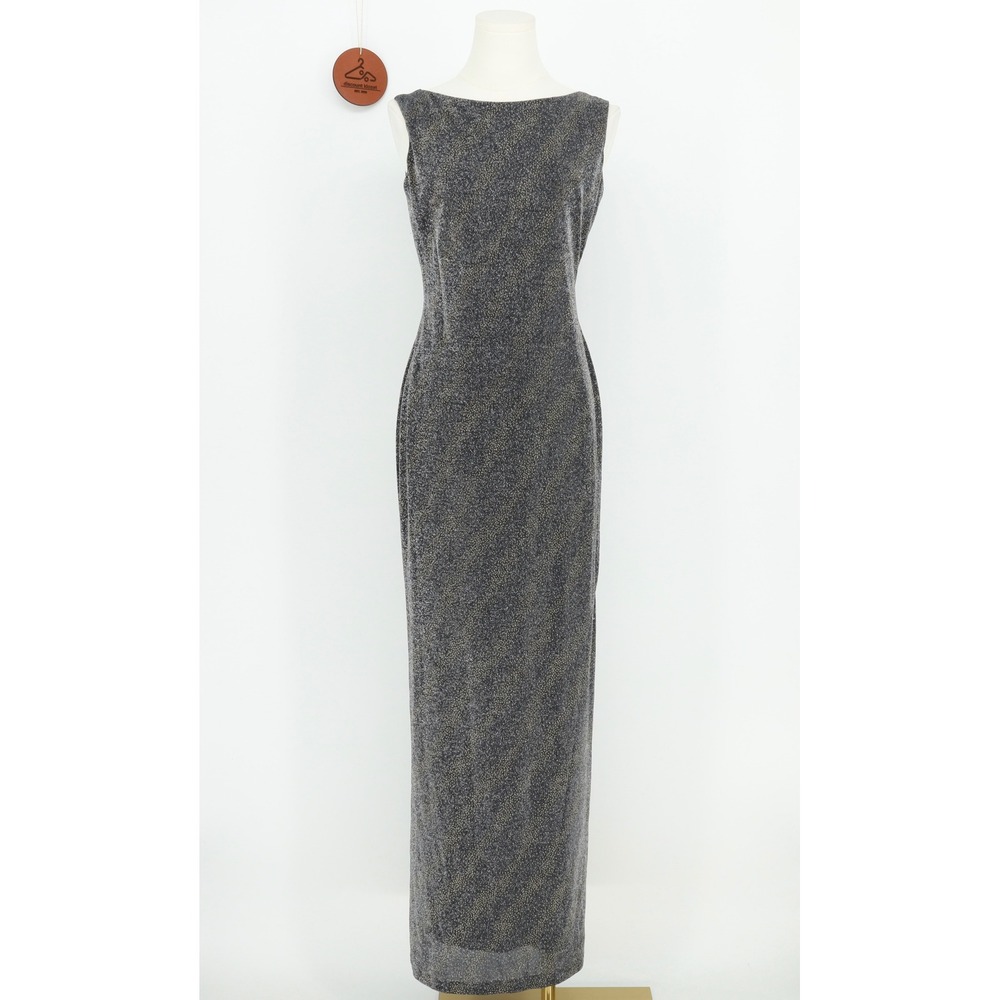 Cachet Metallic Shimmer Open Back Ruched Maxi Dress Size 6 Side Slit Made in USA